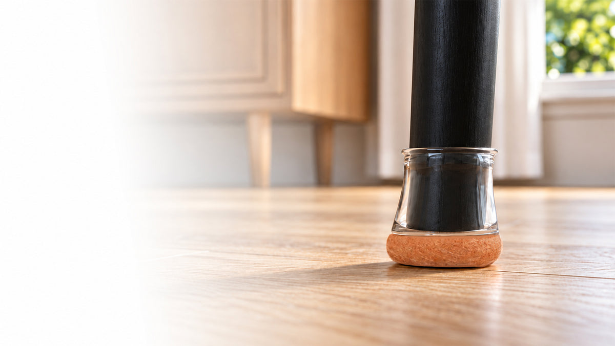 Clear chair leg protector with a felt base on a wooden floor