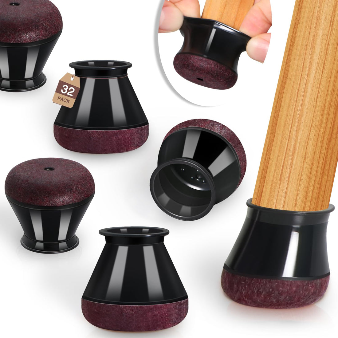 YOZON Clear Round Chair Leg Protectors – 360° Felt Base - Black