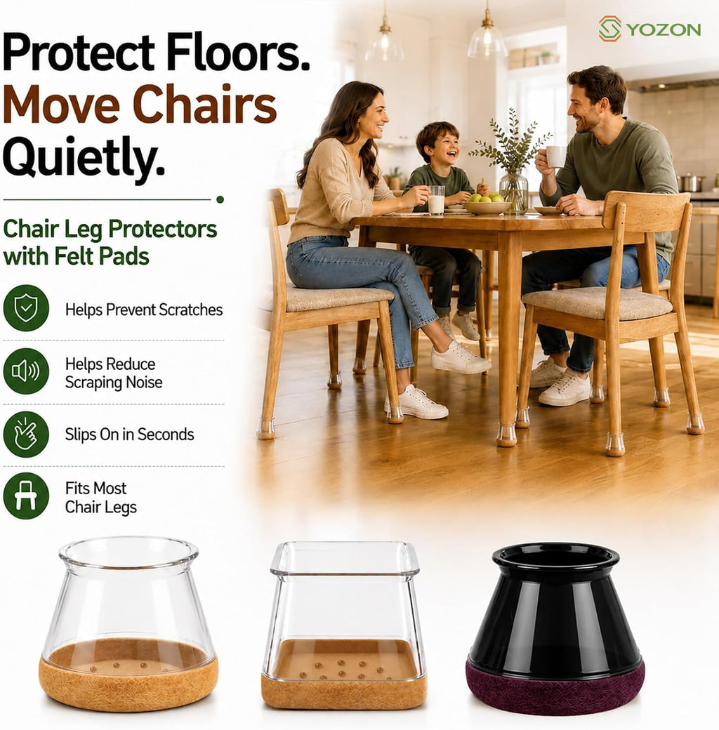 YOZON Clear Square Chair Leg Protectors – 360° Felt Base black