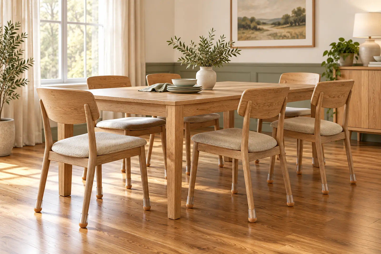 A welcoming dining room with wooden chairs and clear felt-bottom leg protectors