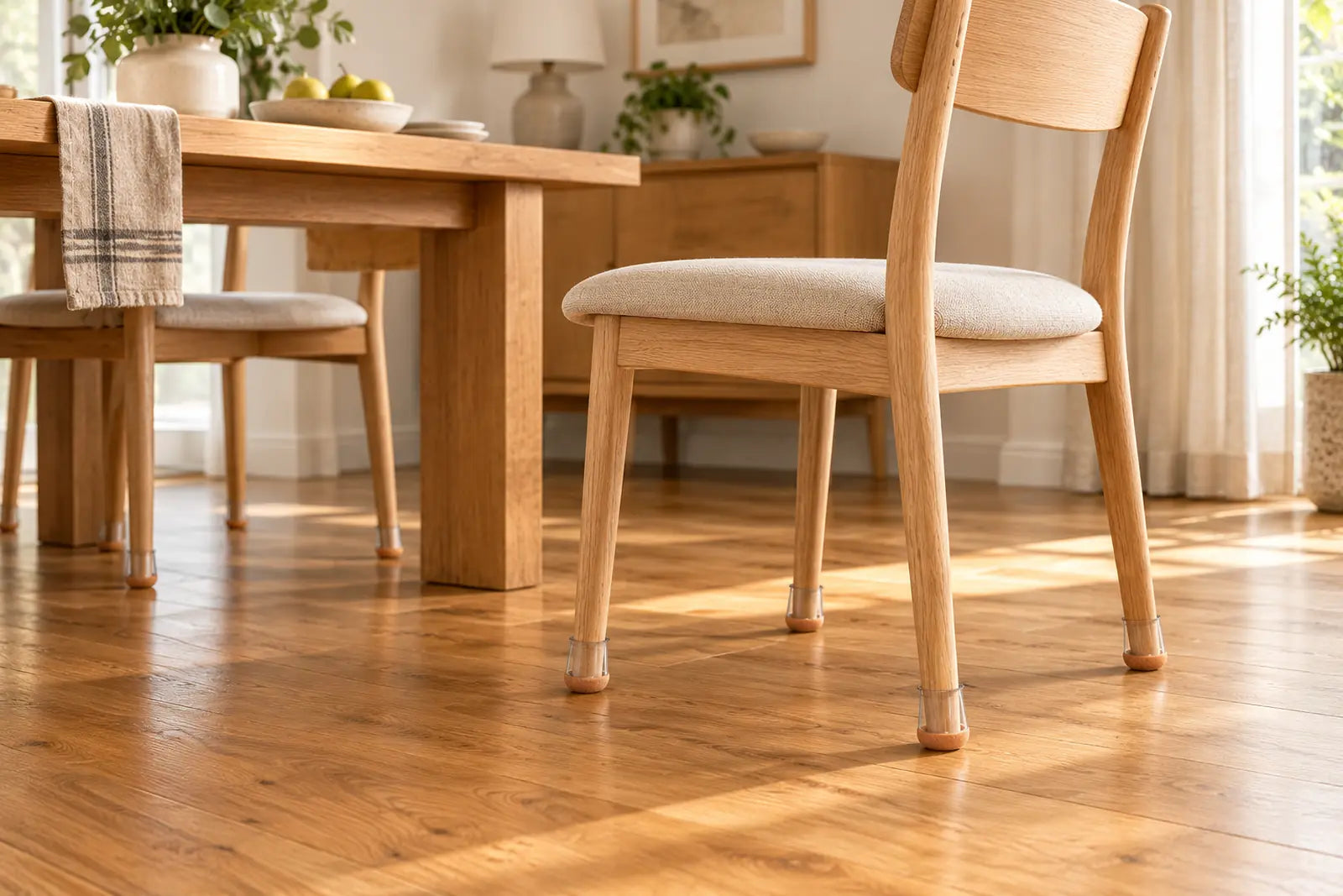 Oak dining chairs with clear felt-bottom protectors on a sunlit wooden floor